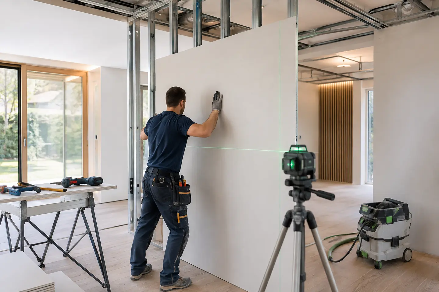 Präzise ausgeführte Trockenbauwand in einem hellen Innenraum